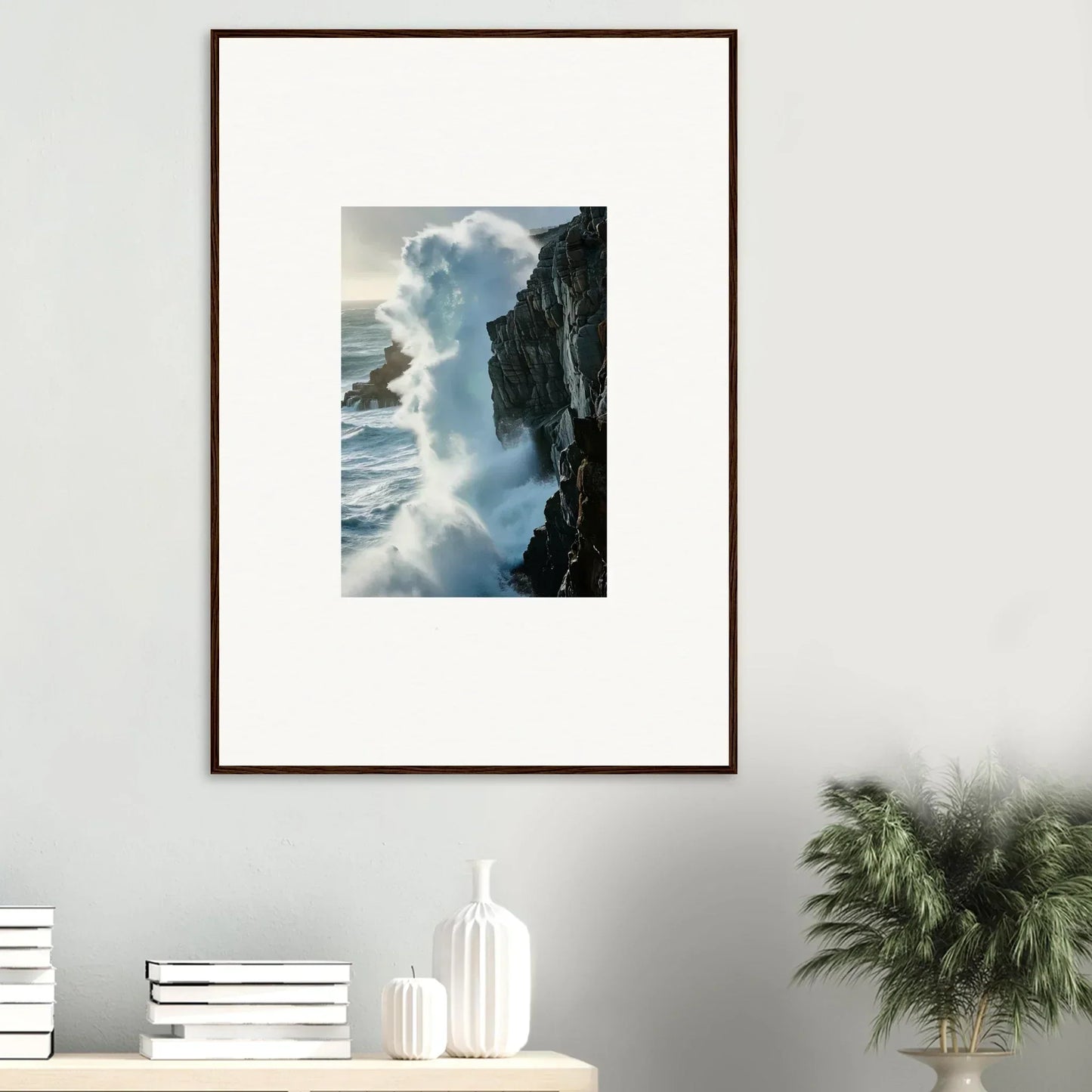 Framed canvas print capturing foam symphony waves crashing on rocky cliffs for room decoration