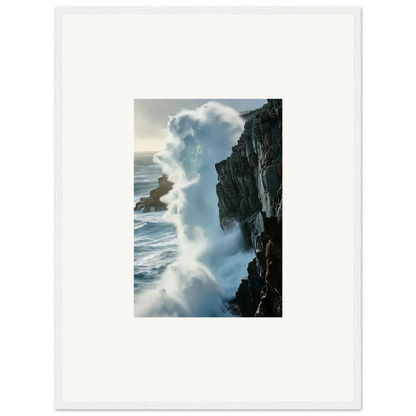 Powerful wave crashing on rocky cliff, perfect for a foam symphony canvas print