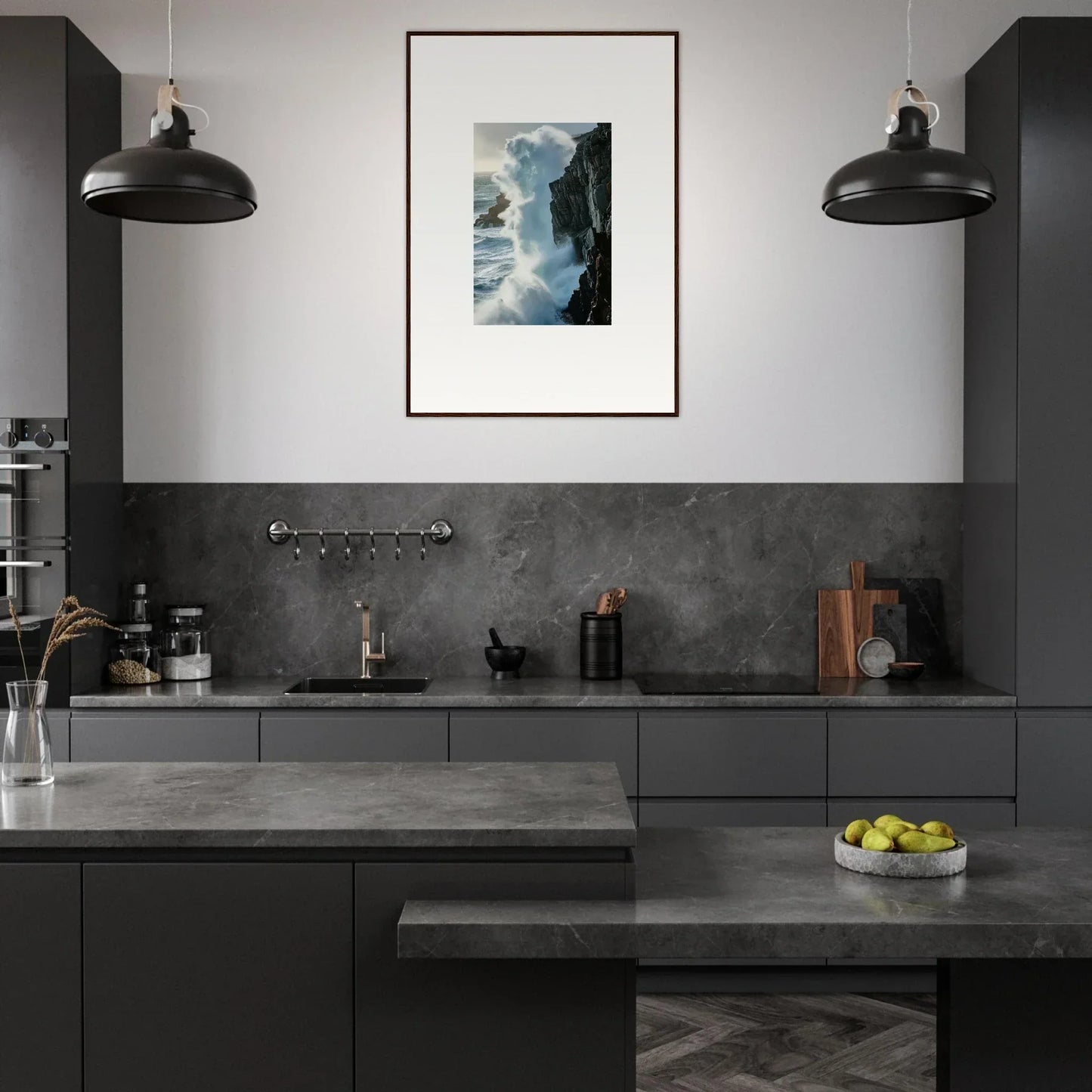 Modern kitchen with dark cabinetry and foam symphony canvas print enhancing room decoration