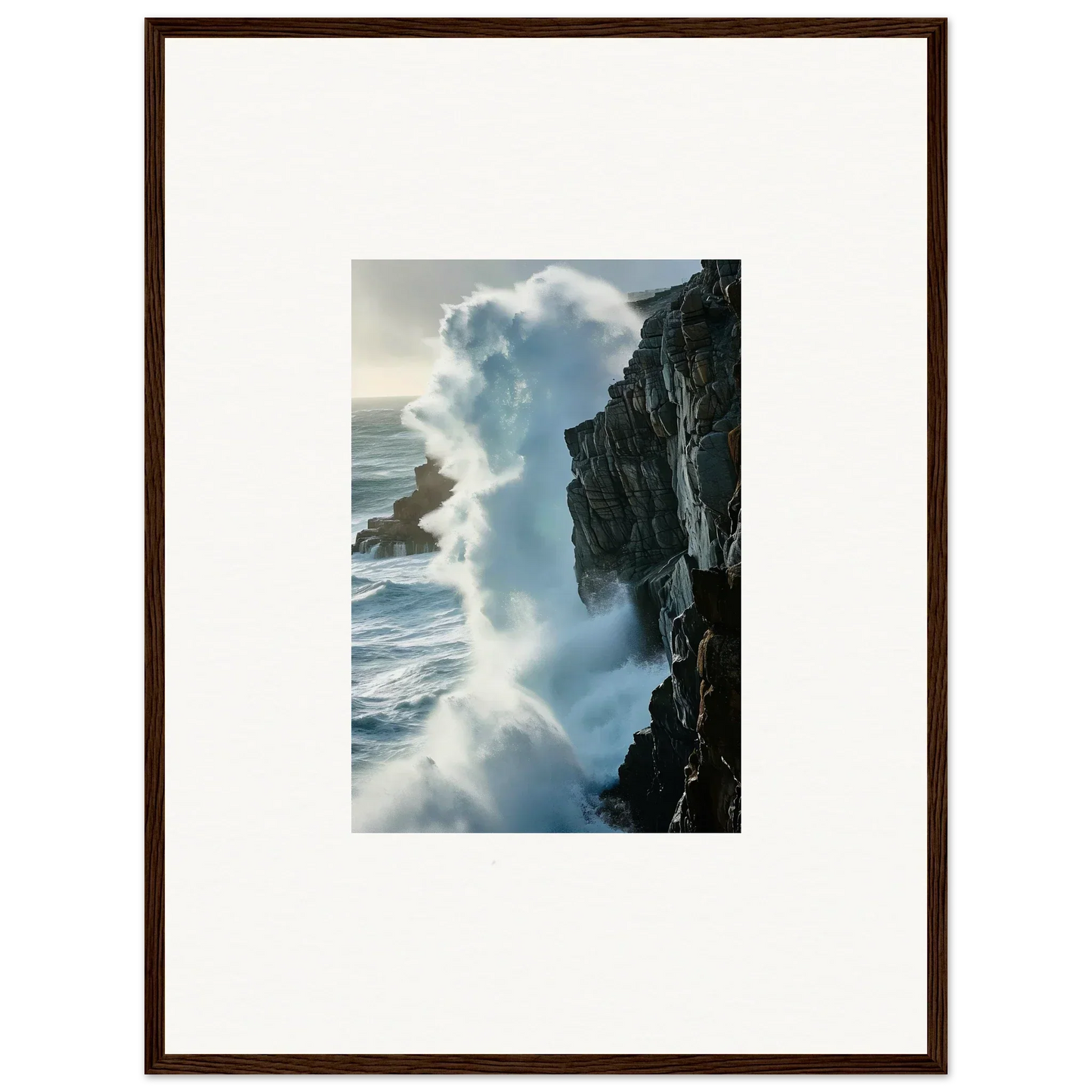 Framed canvas print of a powerful ocean wave, perfect for room decoration with foam symphony vibes