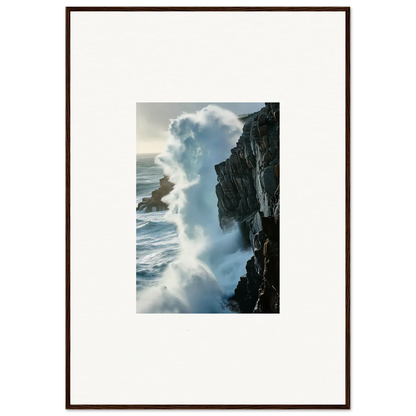 Powerful ocean wave crashing on rocky cliff, perfect for a Foam Symphony canvas print