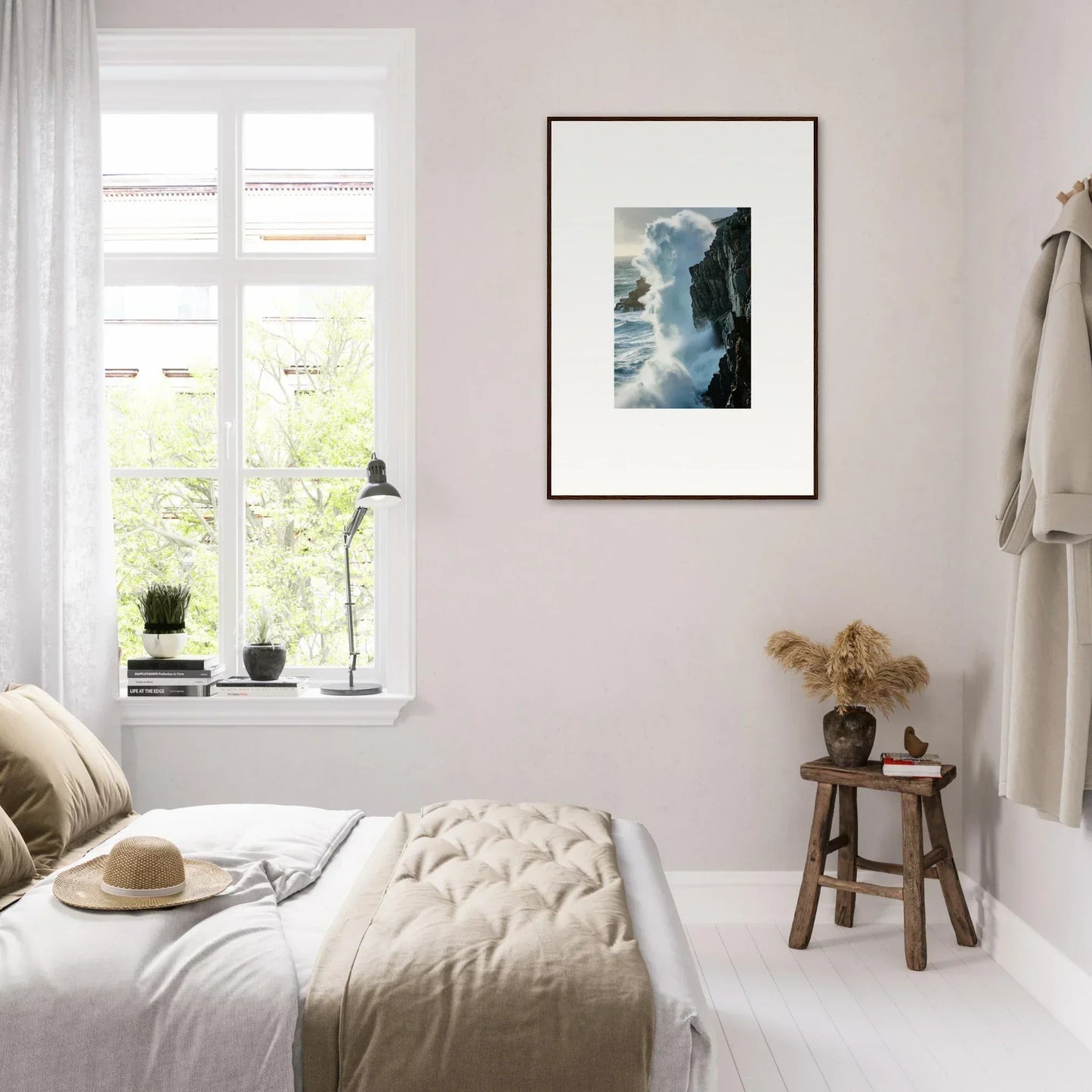 Bright minimalist bedroom featuring a foam symphony canvas print for stylish room decoration