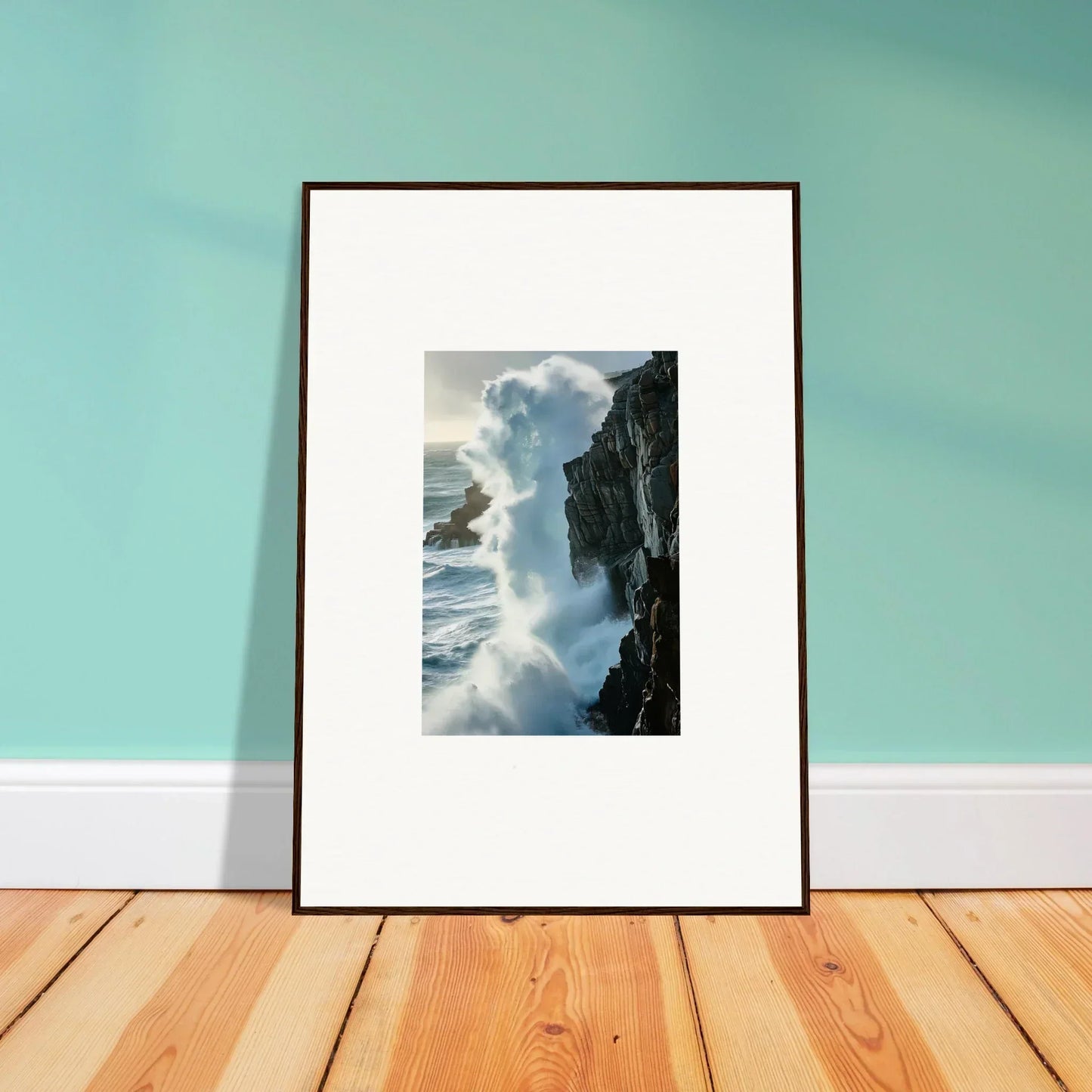 Framed canvas print of crashing waves, perfect for foam symphony room decoration