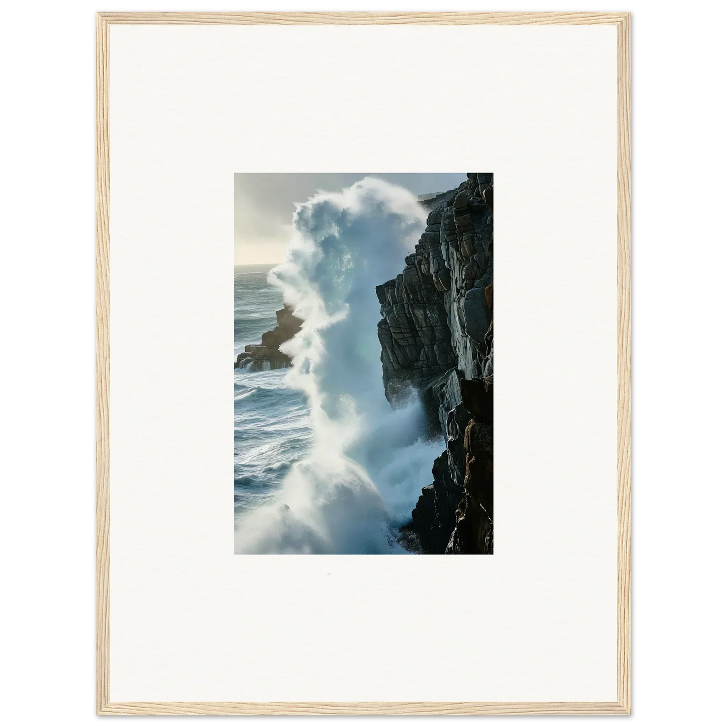 Framed photo of ocean waves crashing, perfect for a Foam Symphony canvas print room decoration