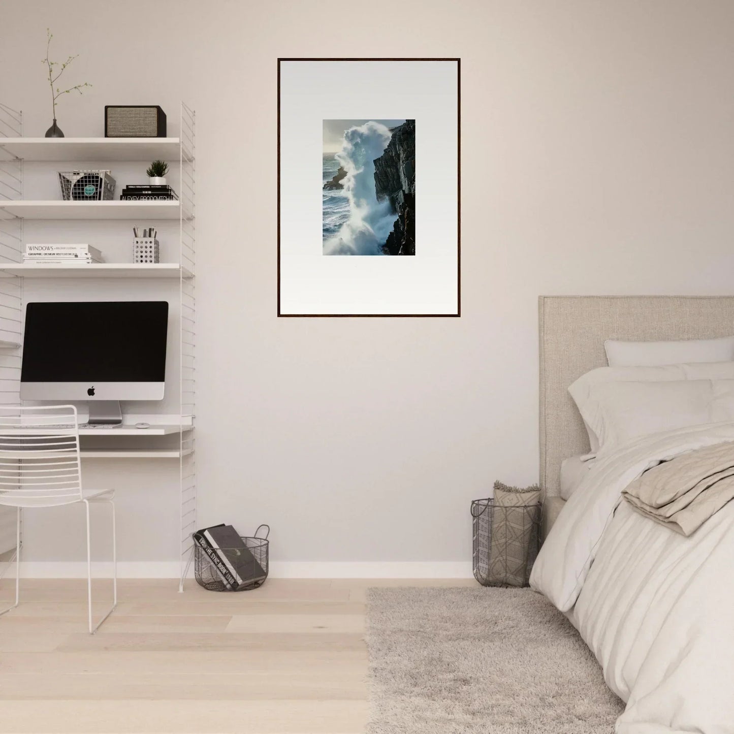 Minimalist bedroom with white walls and Foam Symphony canvas print for stylish room decoration