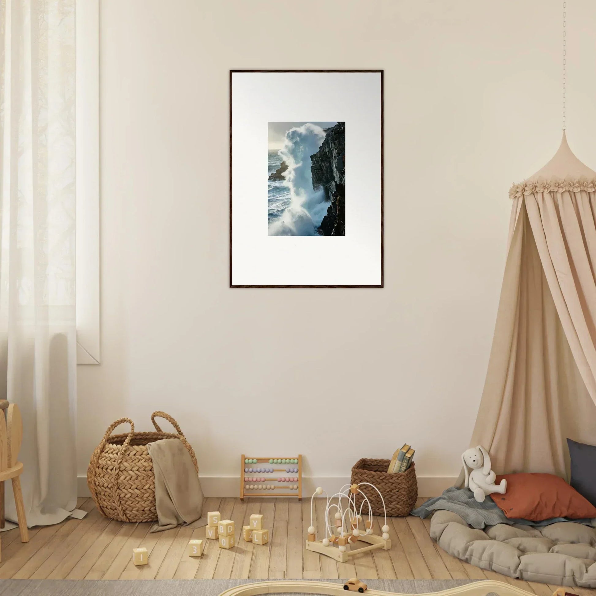 Framed canvas print of a misty coastal cliff, perfect for a soothing room decoration