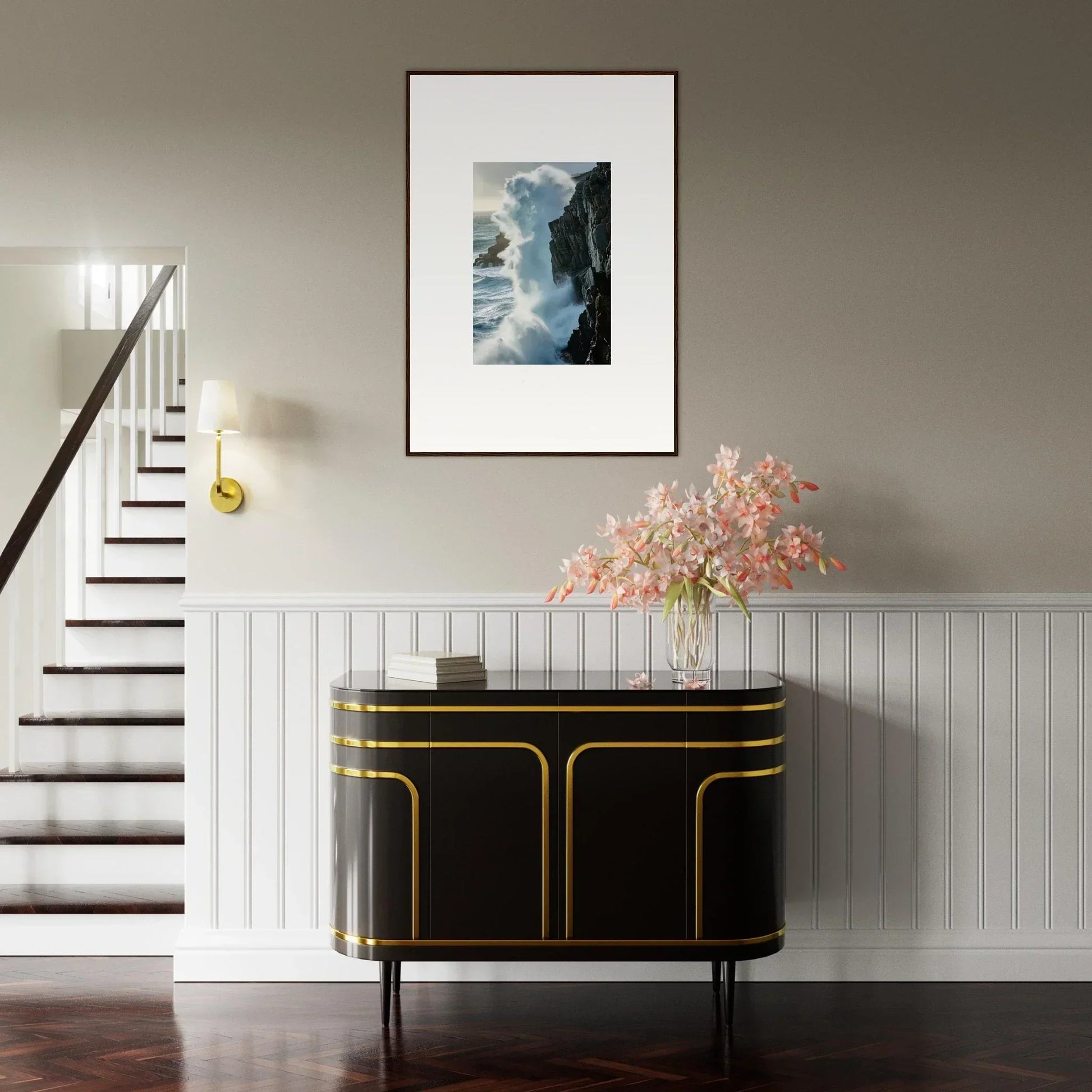 Elegant black sideboard with gold trim, perfect for room decoration and Foam Symphony vibes