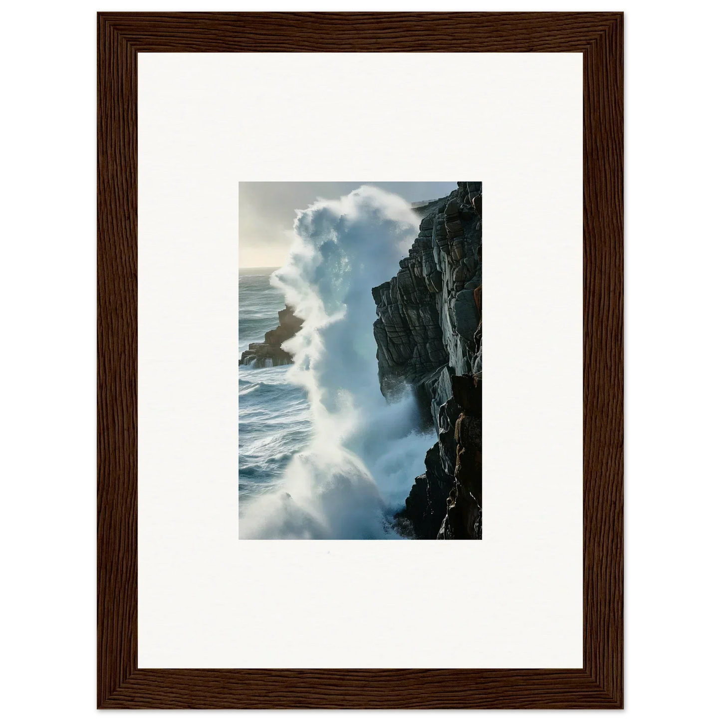 Framed canvas print of crashing waves, perfect for a foam symphony room decoration