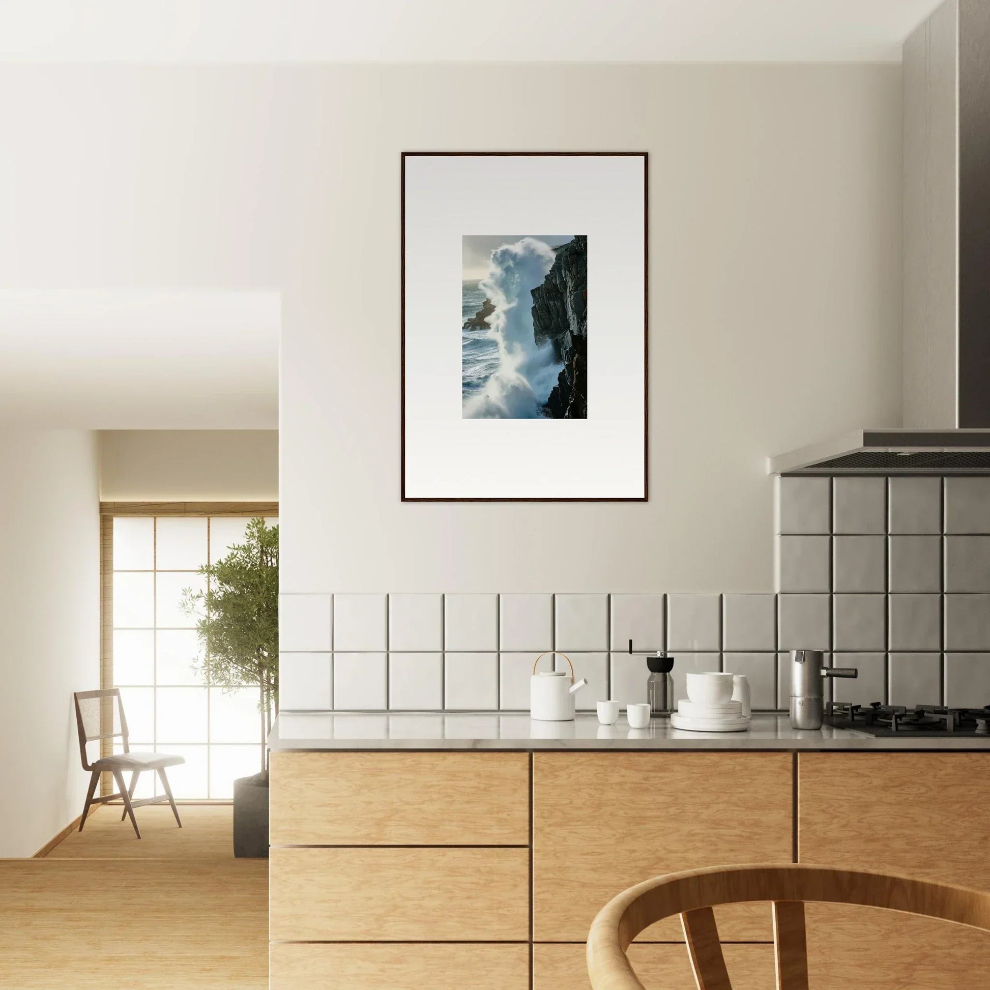 Modern kitchen with wooden cabinets and a foam symphony canvas print for room decoration