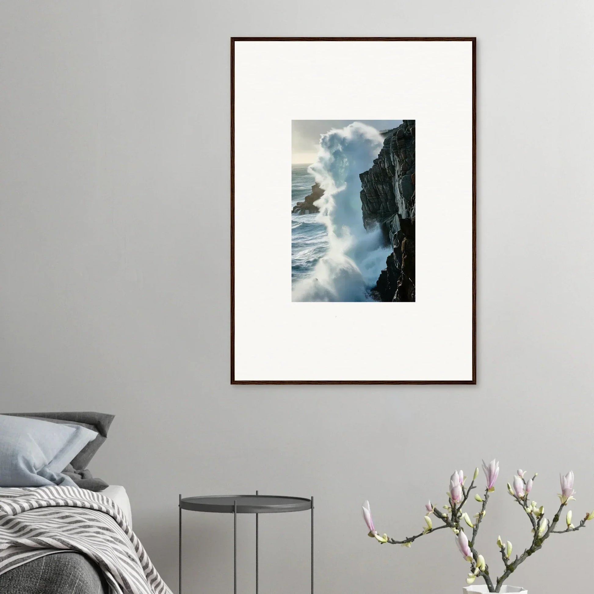 Framed photograph of crashing waves for a stunning foam symphony room decoration