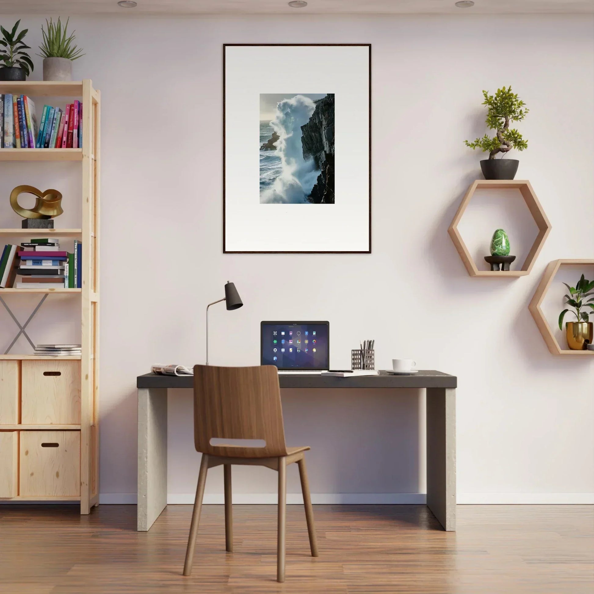 Minimalist home office with Desk and Chair, featuring Foam Symphony canvas print