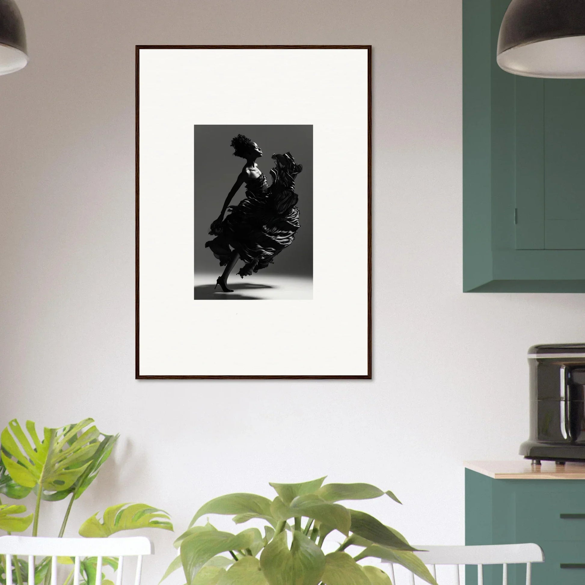 Framed black and white dancer photograph for elegant room decor and wall art