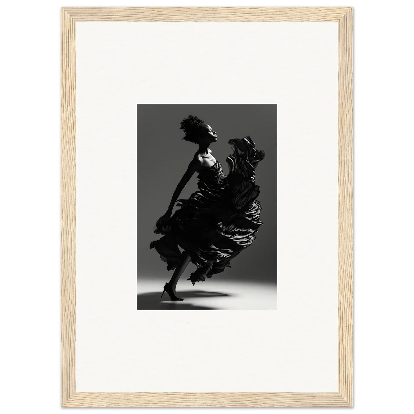 Black and white dancer mid-motion artwork for elegant room decor and framed wall art