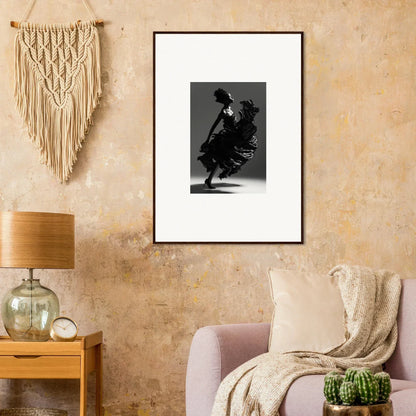 Framed black and white wall art of a silhouetted figure in motion for room decor