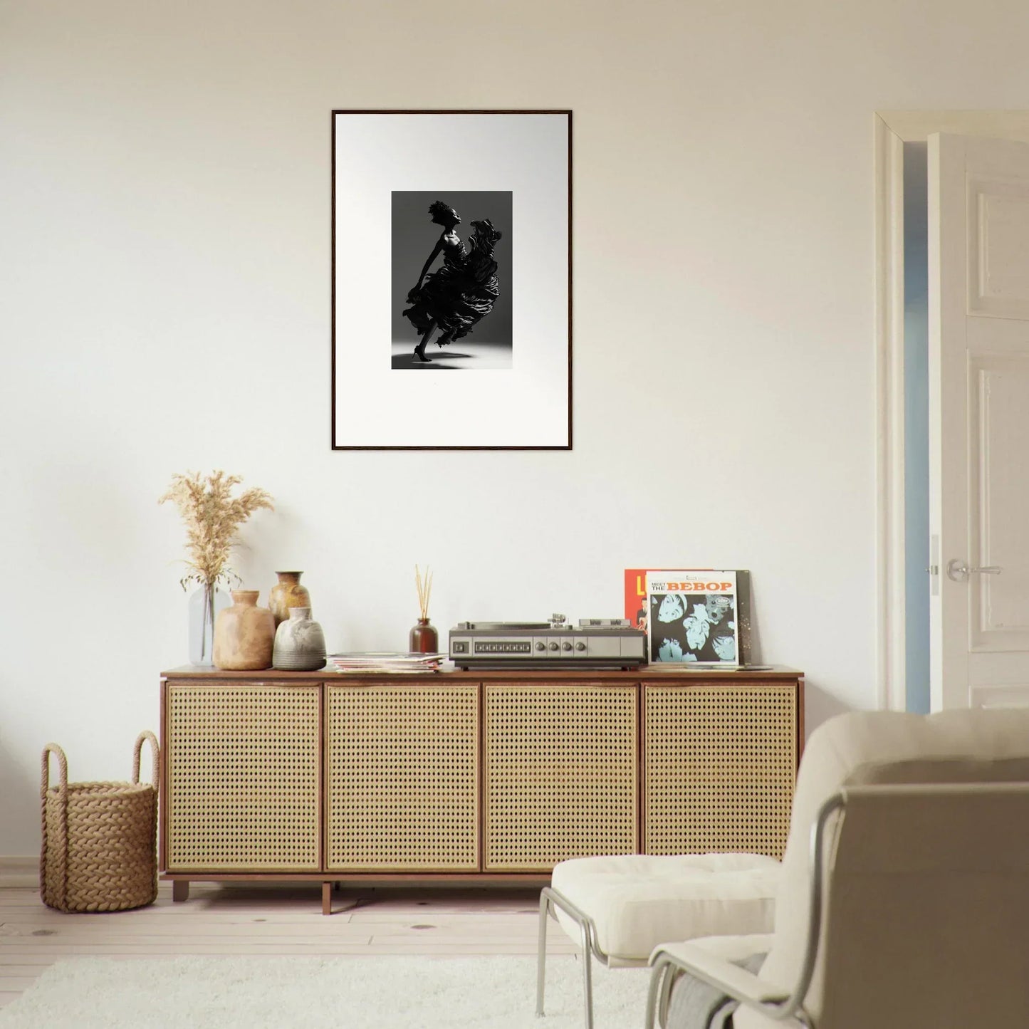 Wooden sideboard with cane-webbed doors, perfect for stylish room decor