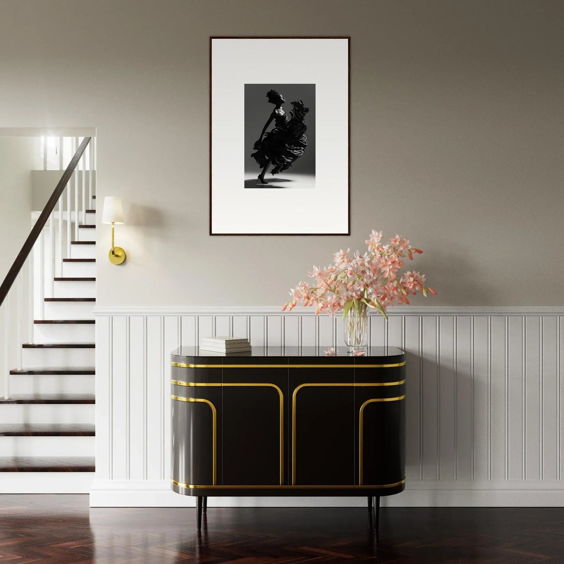 Elegant black sideboard with gold trim enhancing room decor and canvas prints