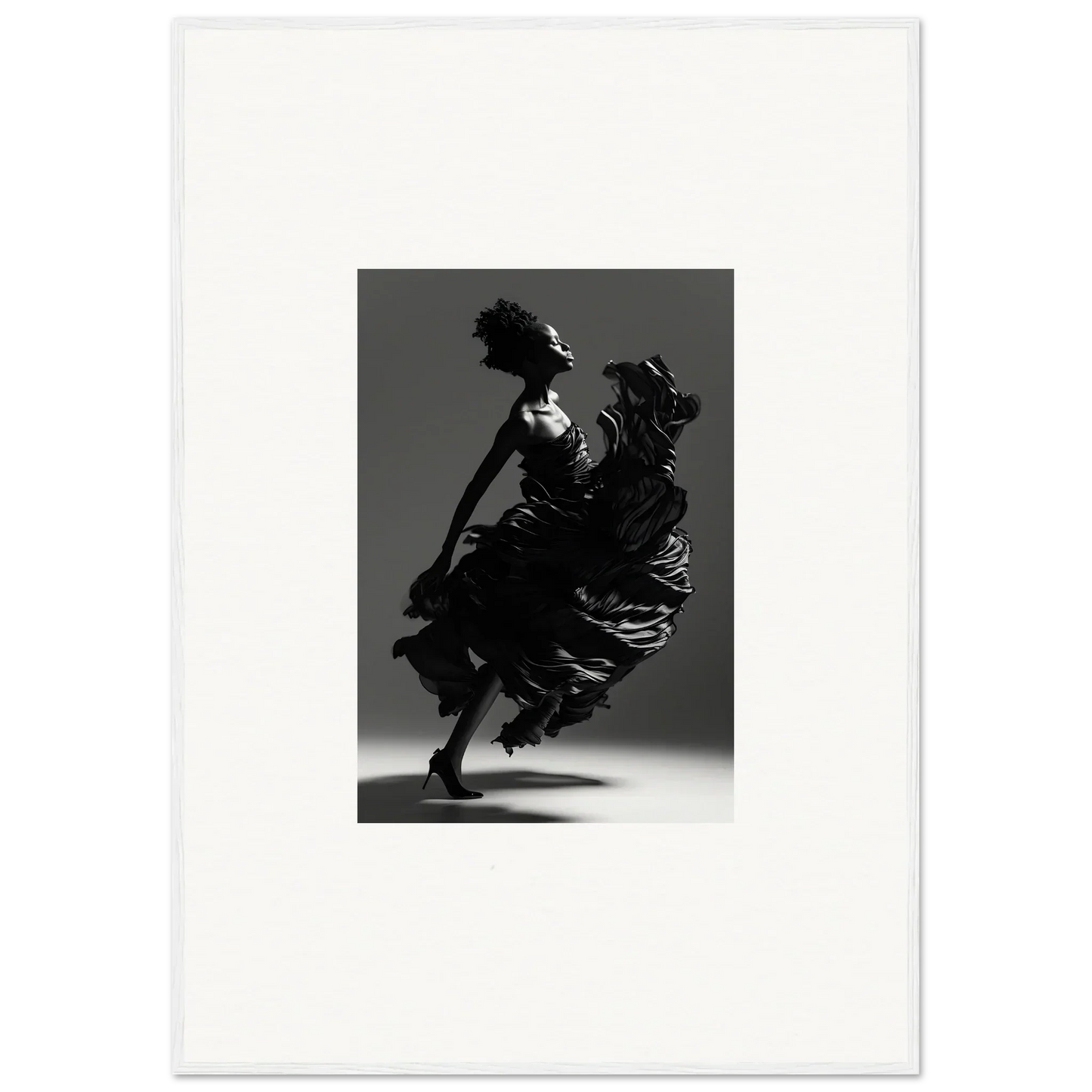 Silhouette of a dancer in a flowing dress, ideal for room decor or framed wall art