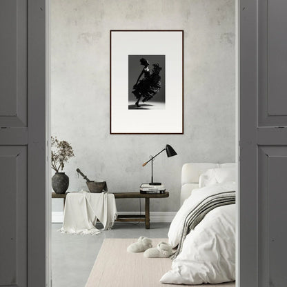 Minimalist bedroom with framed wall art as focal point for stylish room decor