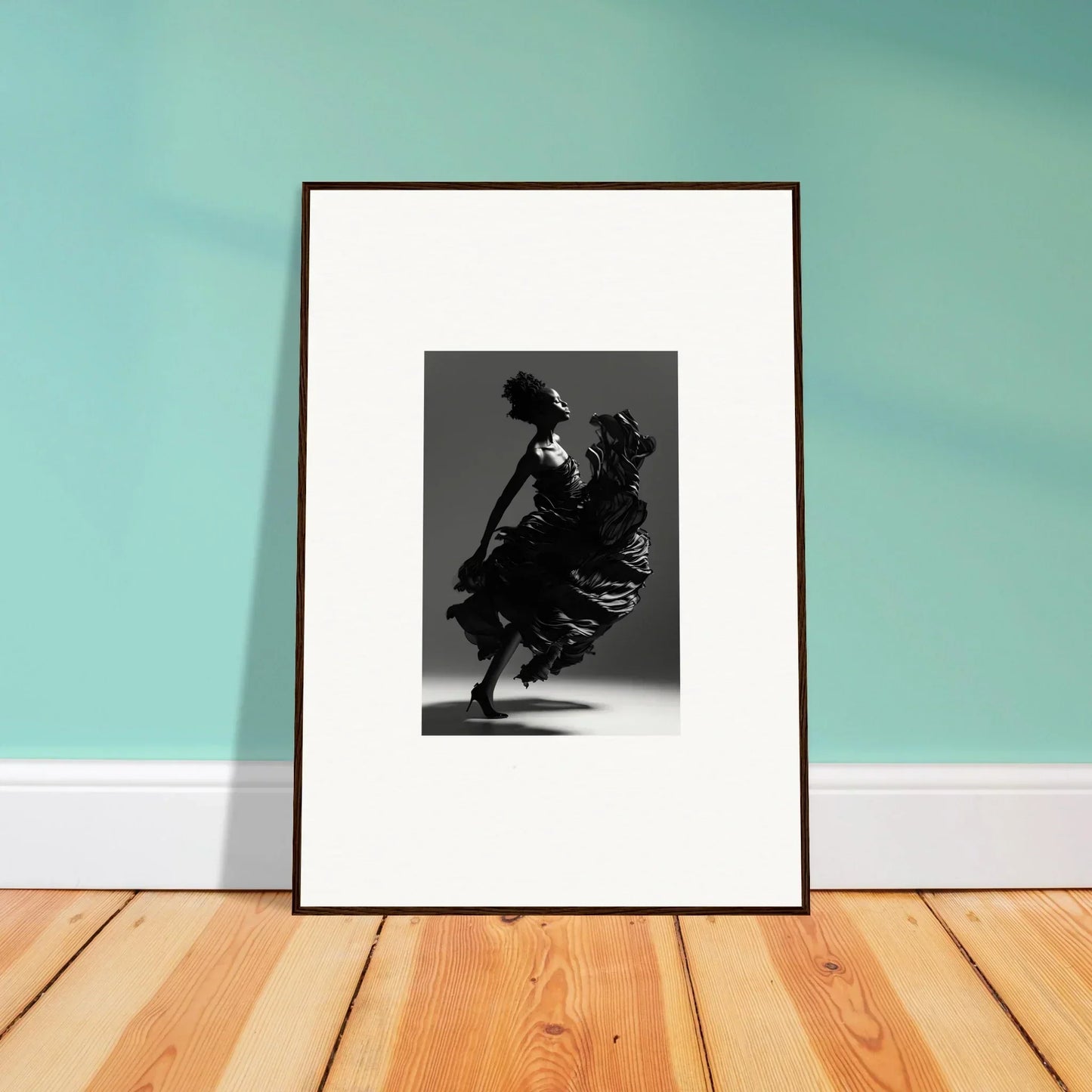 Framed black and white photograph of a dancer in motion for elegant room decor