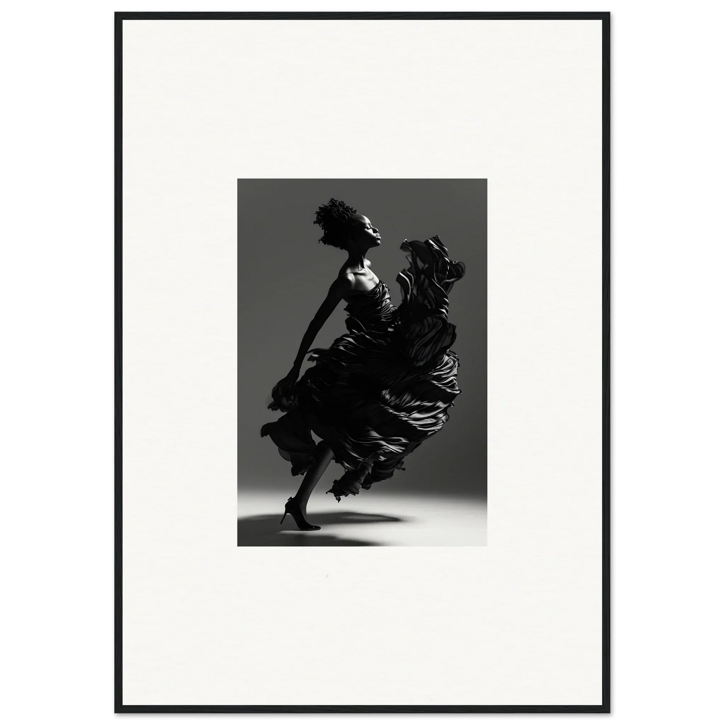 Silhouette of a twirling dancer in flowing dress for elegant room decor or canvas prints