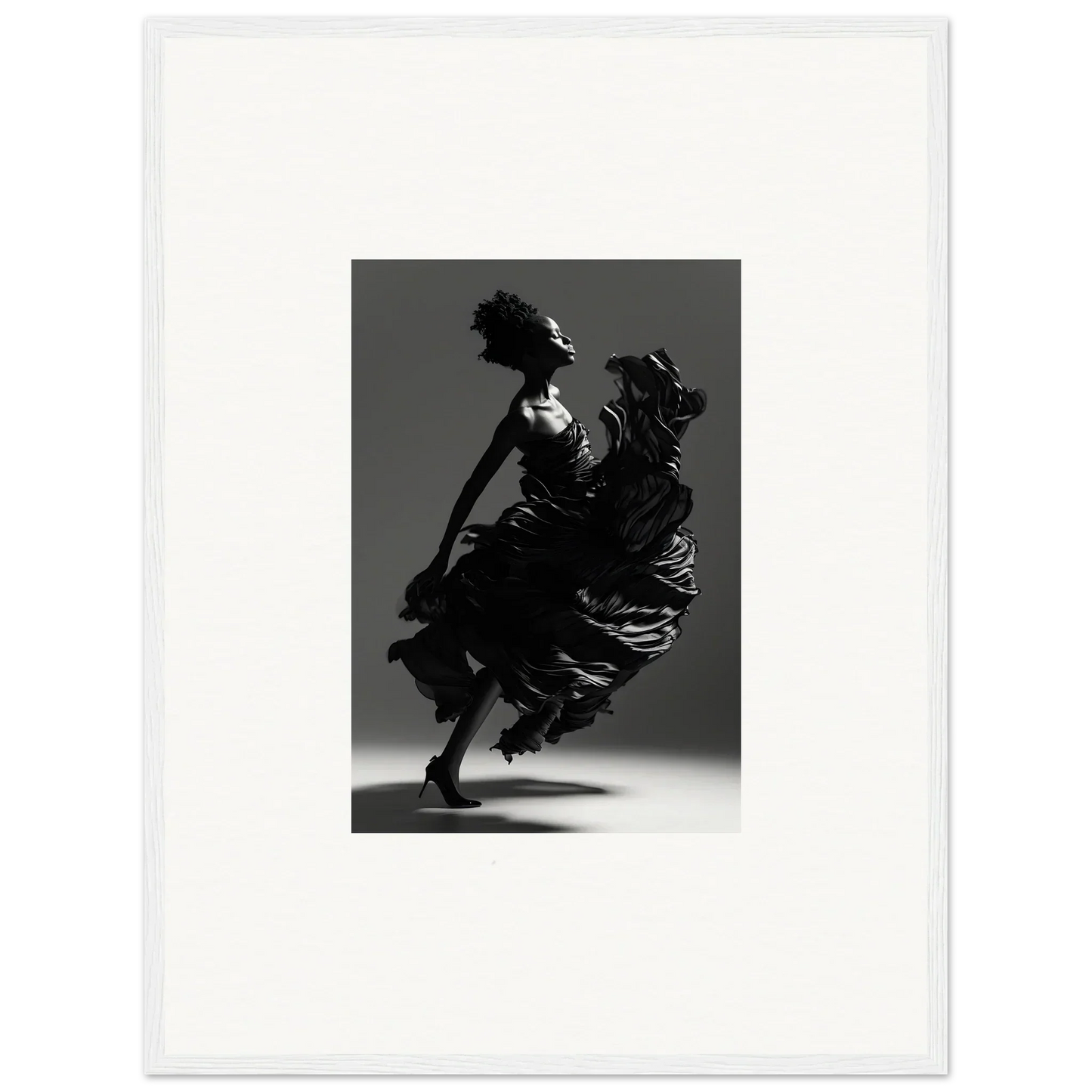 Silhouette of a dancer mid-twirl in flowing dress, perfect for framed wall art