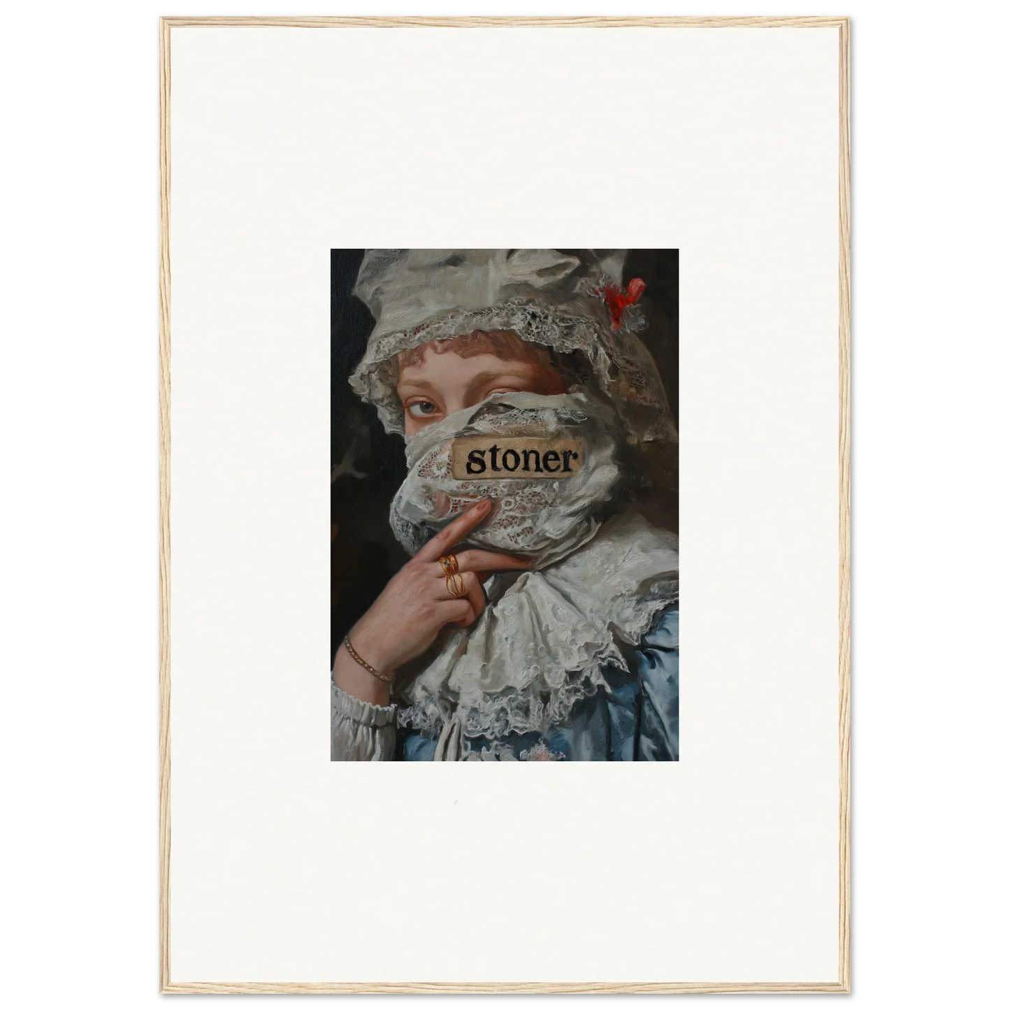 Framed wall art of a historical figure with ’stoner’ in Ephemeral Marvel Muse design