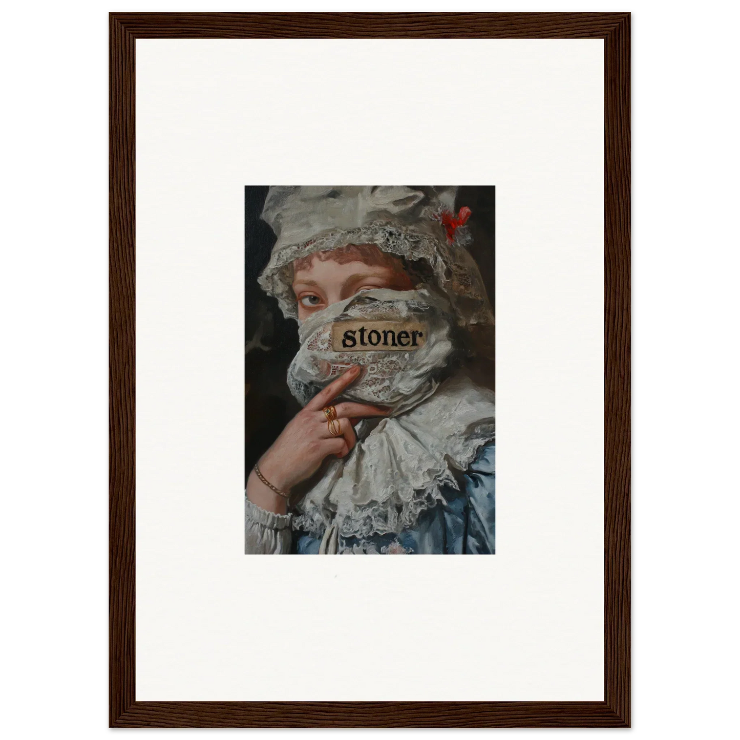 Framed wall art of a historical figure with stoner text, perfect for Marvel Muse room decor