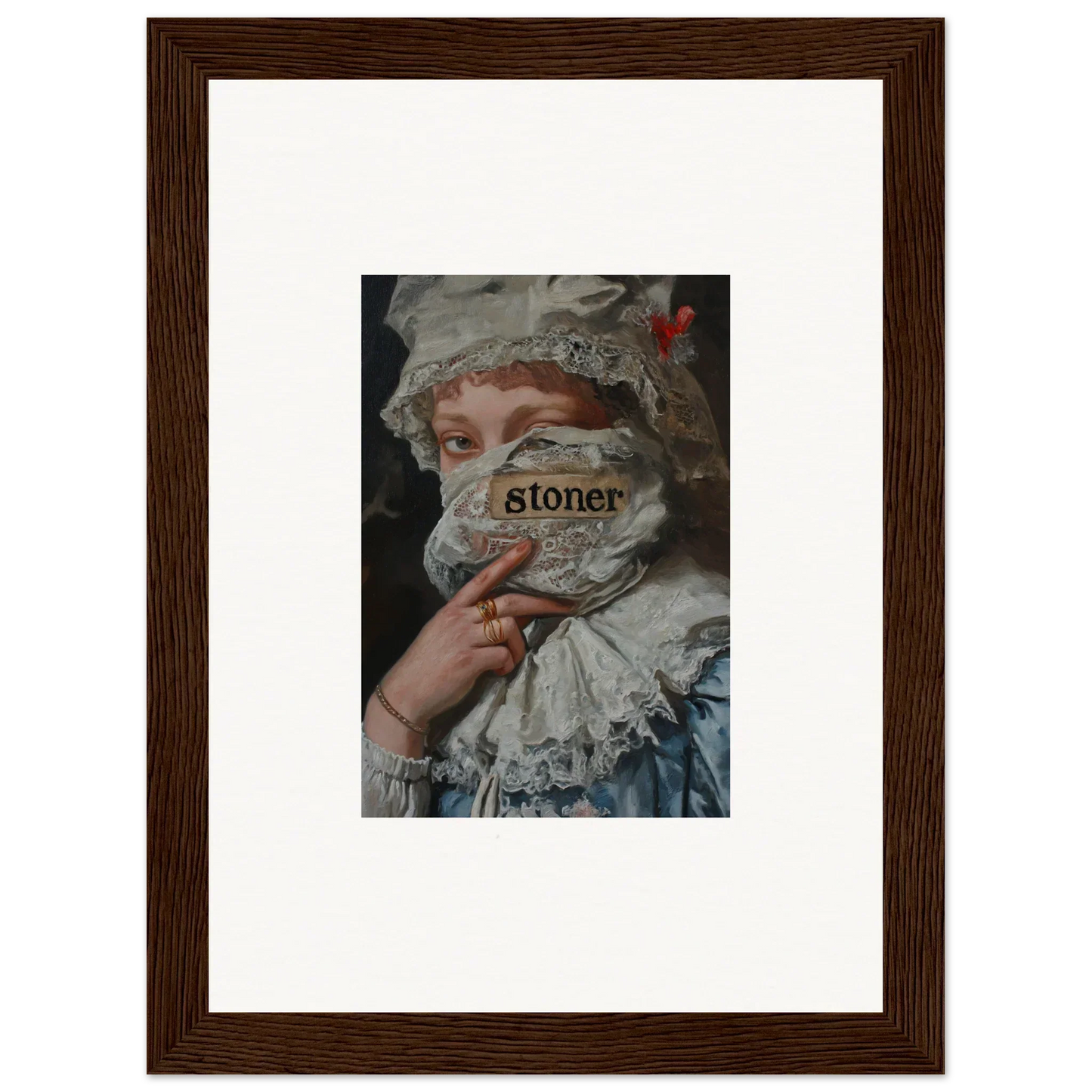 Framed wall art of a historical figure with ’stoner’ text for unique room decor