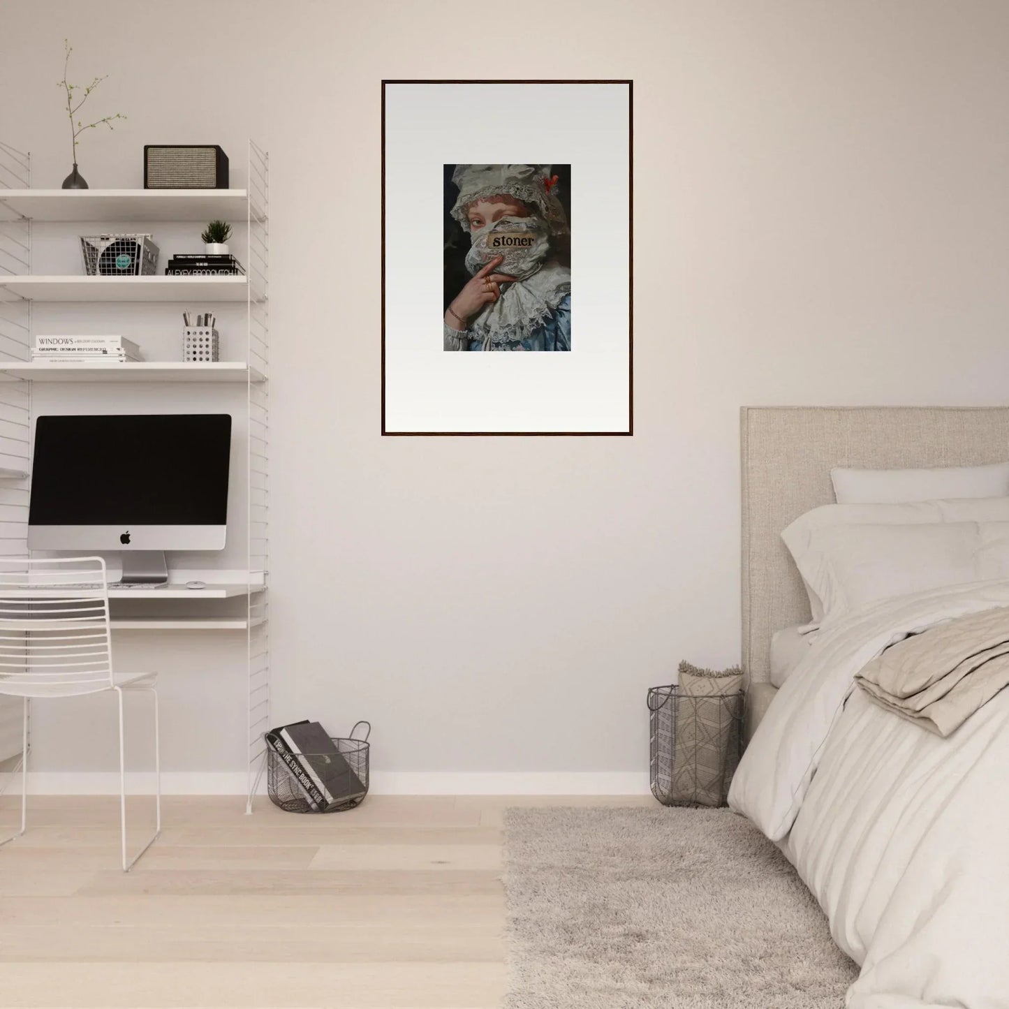 Framed wall art of Ephemeral Marvel Muse enhancing stylish room decor on white wall