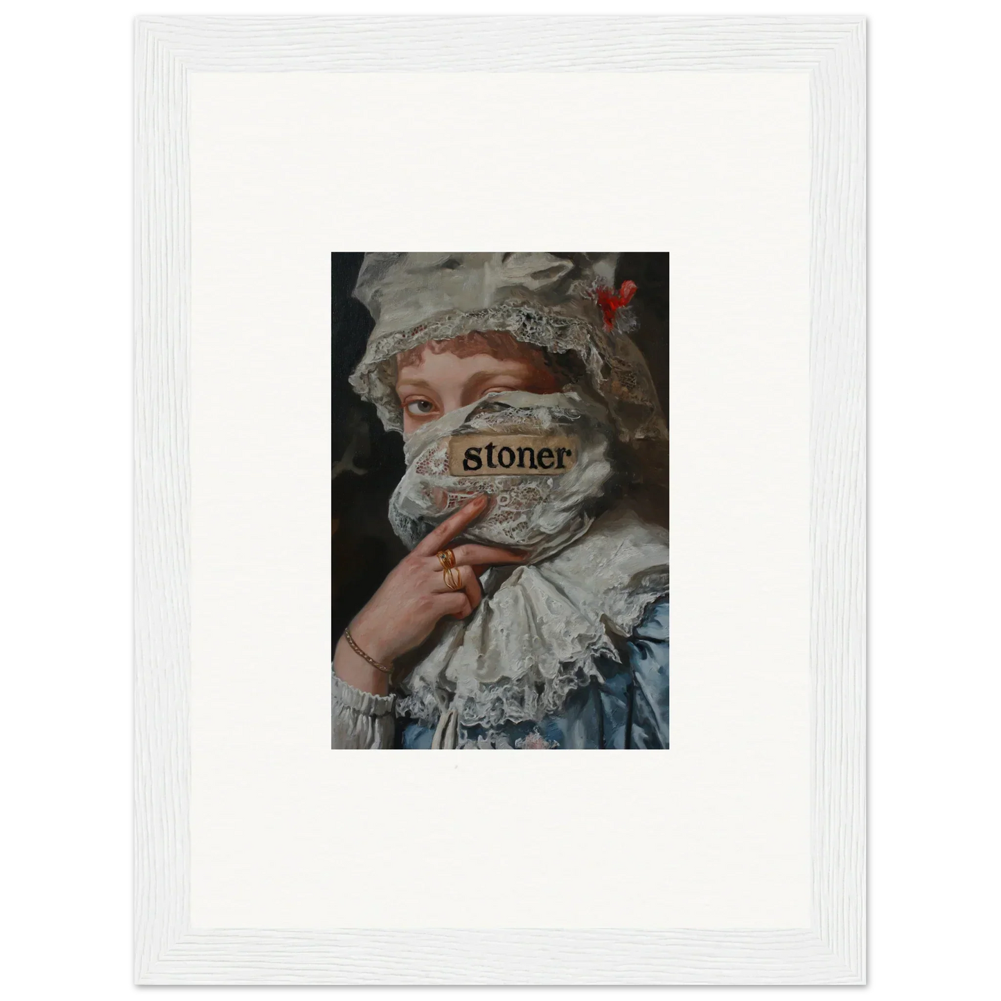 Framed wall art of historical figure with ’stoner’ text for unique Marvel Muse room decor