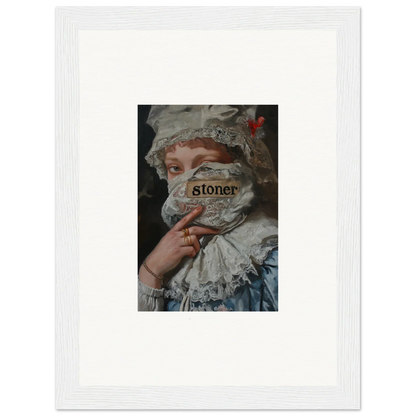 Framed wall art of historical figure with ’stoner’ text for unique Marvel Muse room decor