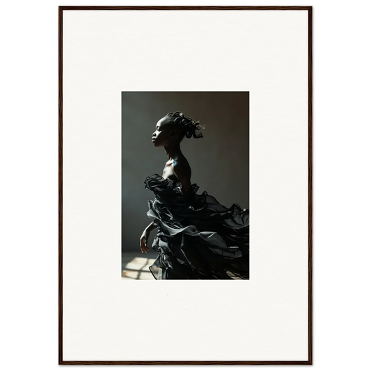 Dramatic sculpture of a figure with flowing, billowing fabric.