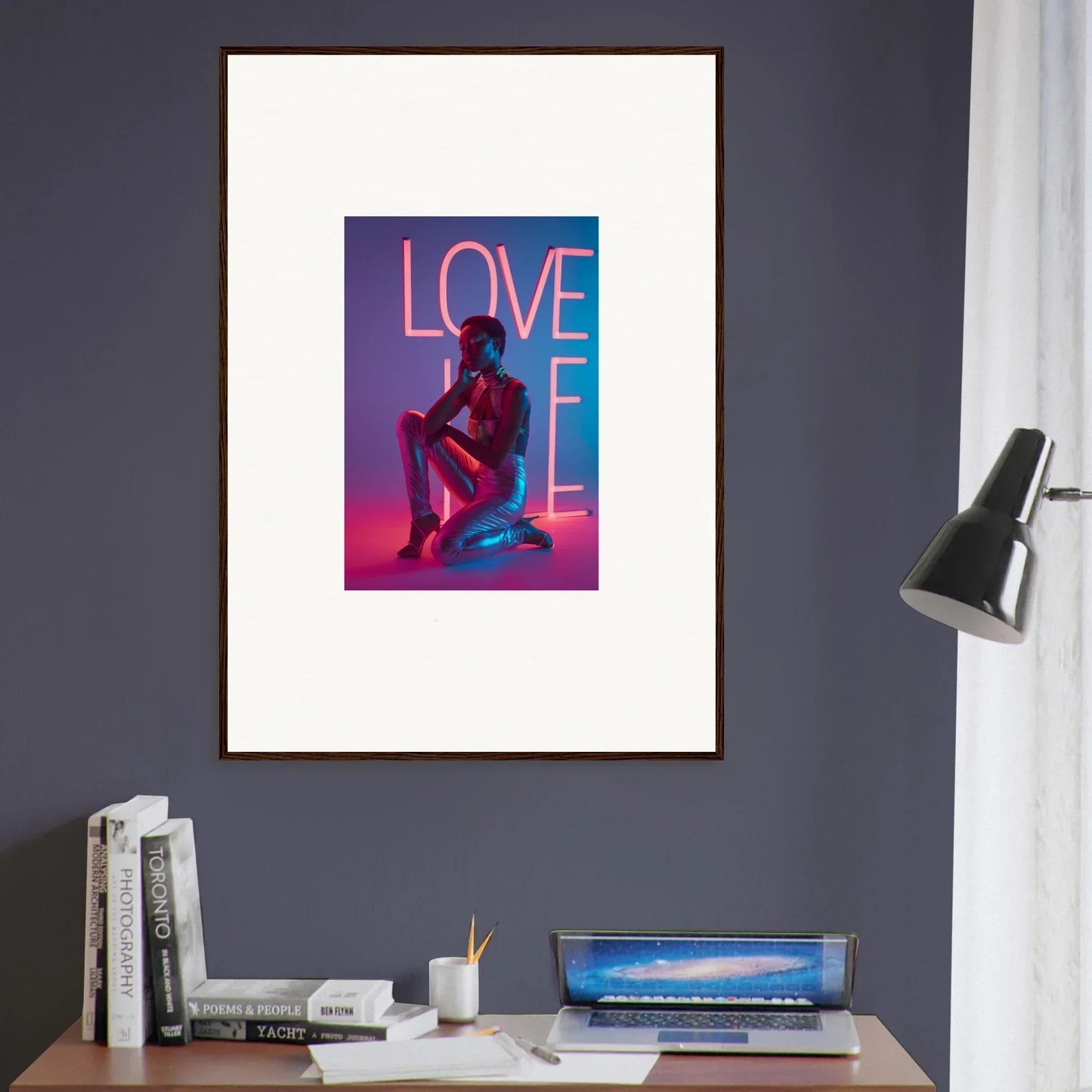 Framed canvas print of neon rapture with pink LOVE text for stylish room decoration