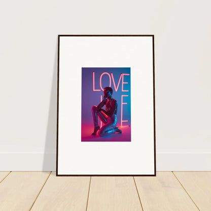 Framed canvas print of neon rapture with LOVE text and seated figure for cool room decoration