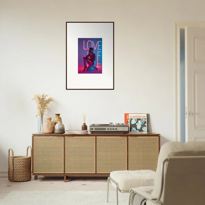 Wooden sideboard with cane-webbed doors, perfect for neon rapture room decoration