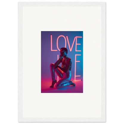 Framed canvas print of neon rapture artwork with a pink LOVE silhouette for room decoration