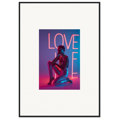 Framed canvas print of neon rapture ’LOVE’ sign with silhouette, perfect room decoration