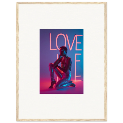 Framed canvas print of Neon Rapture with a colorful LOVE sign and silhouette for room decoration