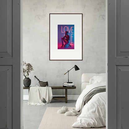 Framed colorful canvas print of LOVE with a silhouetted figure for neon rapture room decoration