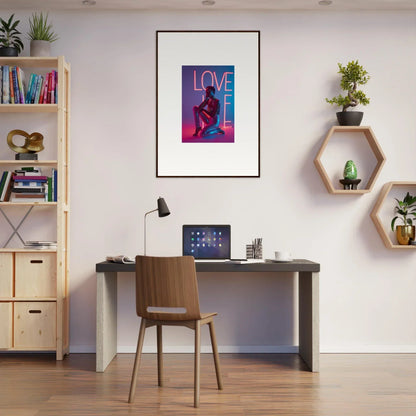 Modern home office with neon rapture art, stylish desk, and cool wall decor