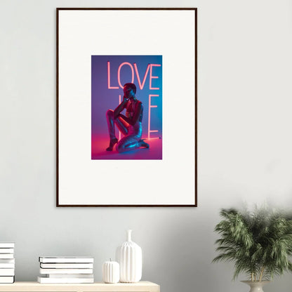 Framed canvas print of neon rapture LOVE text and silhouette, perfect for room decoration