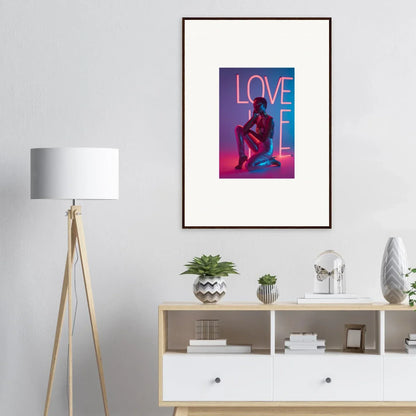 Vibrant canvas print of neon rapture ’LOVE’ sign with silhouetted figure, perfect room decoration