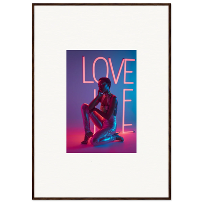 Vibrant canvas print of neon rapture LOVE sign with silhouetted figure for room decoration