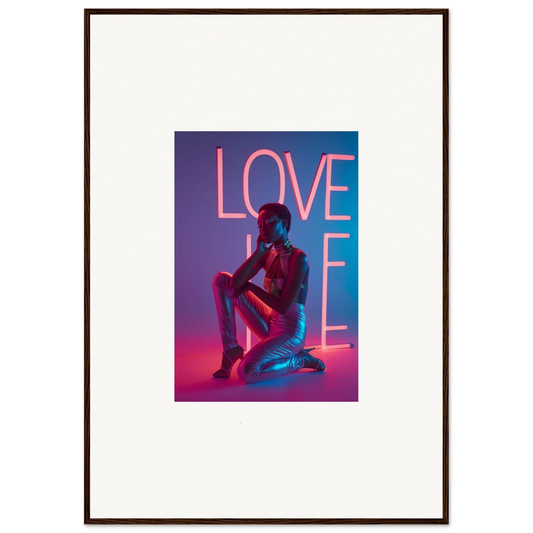 Vibrant canvas print of neon rapture LOVE sign with silhouetted figure for room decoration