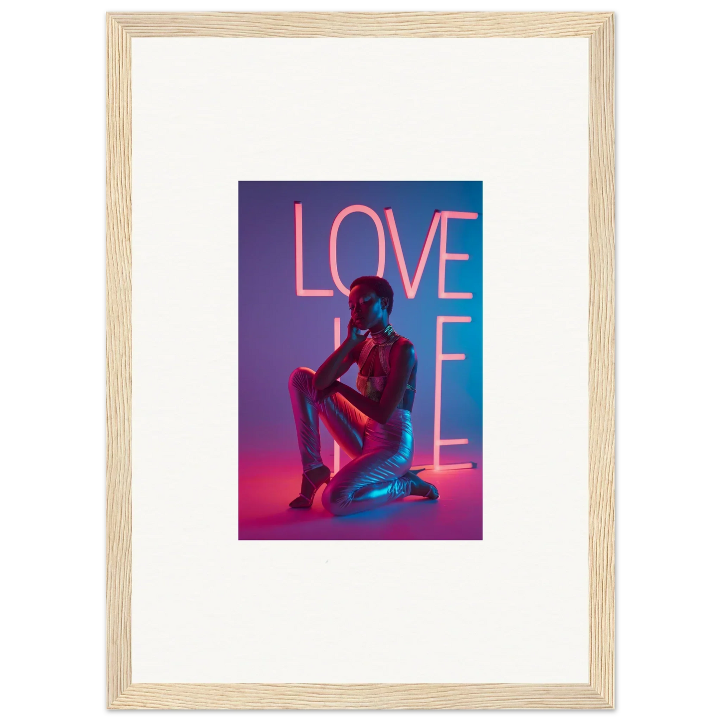 Cool canvas print of a neon rapture silhouette with LOVE in pink for room decoration