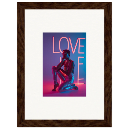 Framed canvas print of neon rapture artwork with LOVE in pink for cool room decoration