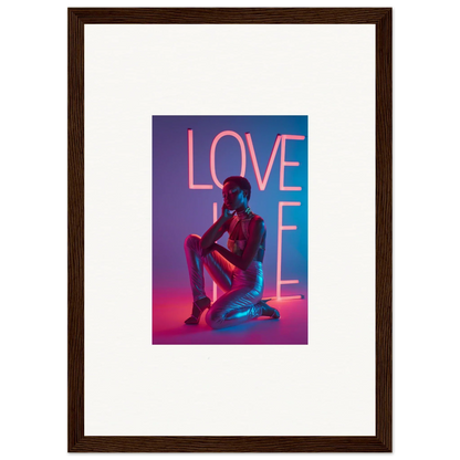 Vibrant canvas print of neon rapture featuring a silhouette and pink LOVE lettering