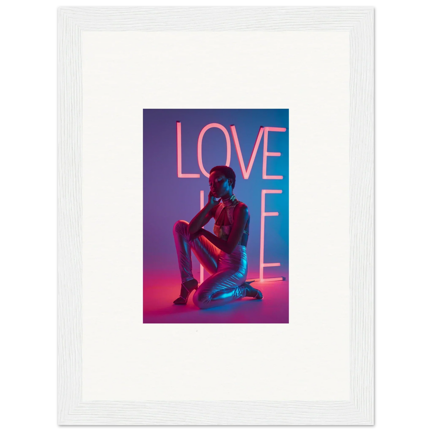 Framed canvas print of Neon Rapture with pink LOVE silhouette for trendy room decoration