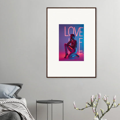 Framed canvas print of neon rapture with LOVE in pink on a purple background