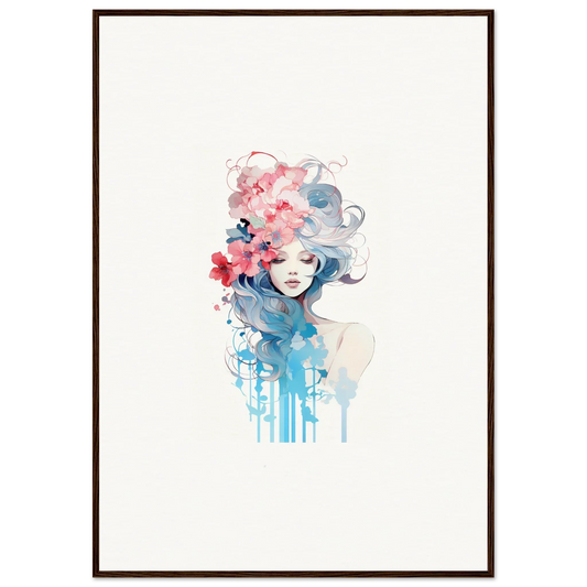 Watercolor portrait of a woman with oceanic blossom hair, perfect for room decoration